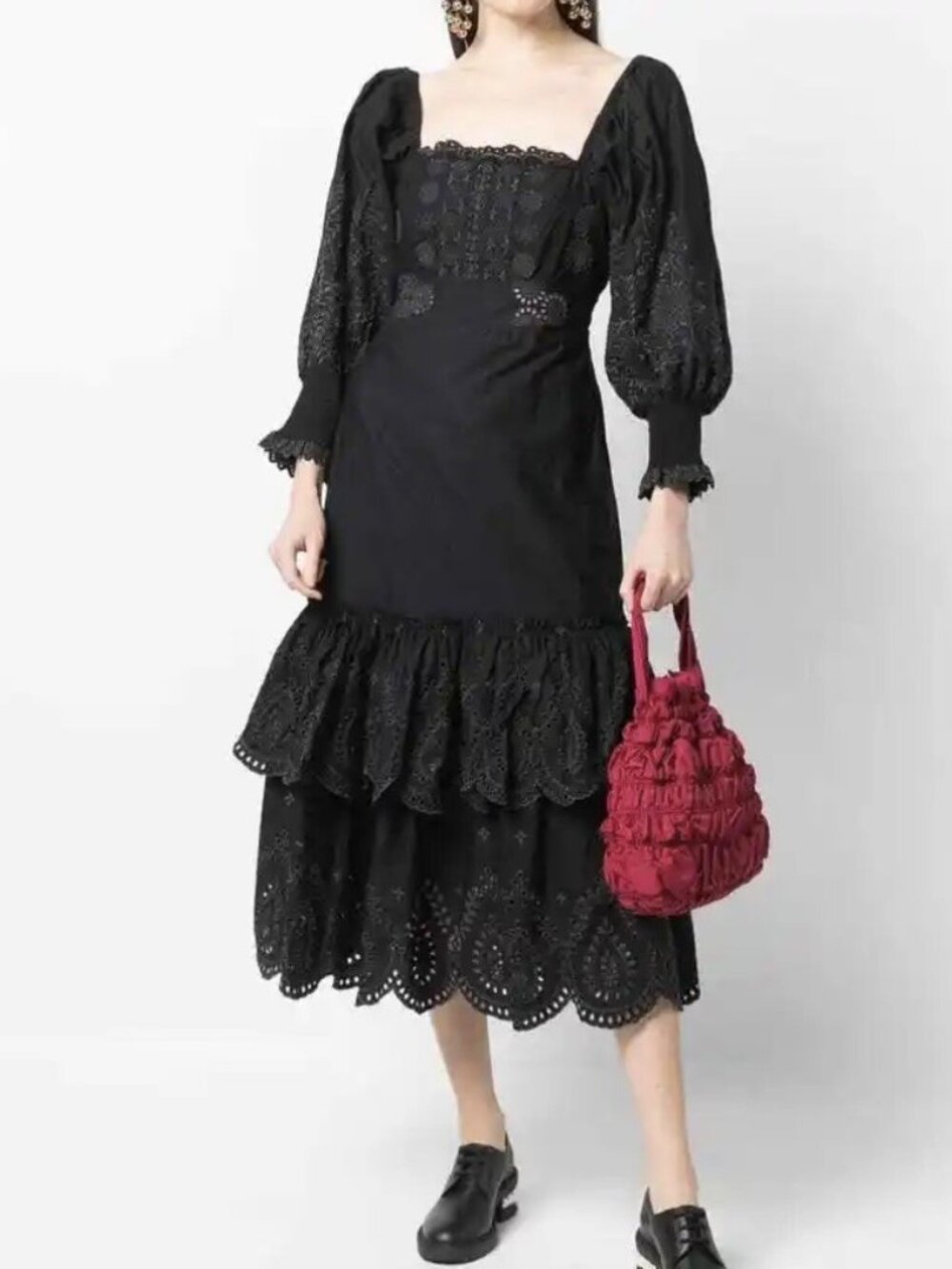 NWT LOVESHACKFANCY Cotton Midi Dress 6 Black Embroidered Eyelet Victorian Goth